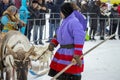 Local aborigines - Khanty, ride children on a reindeer sleigh of three deer, sleigh, winter, Ã¢â¬ÅSeeing off winterÃ¢â¬Â festival Royalty Free Stock Photo